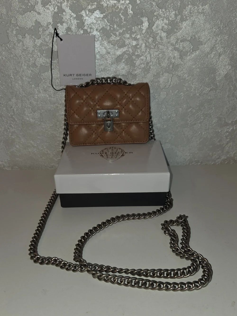 Kurt Geiger Quilted Mini Crossbody Bag in Tan with Silver Chain